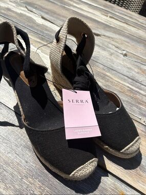 Serra Black Canvas Espadrille Wedges with Natural Jute Trim